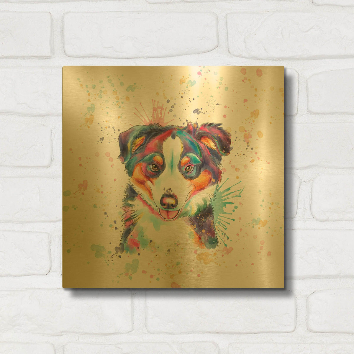 'Colorful Watercolor Australian Shepherd' By Furbaby Affiliates Gold Metal Wall Art