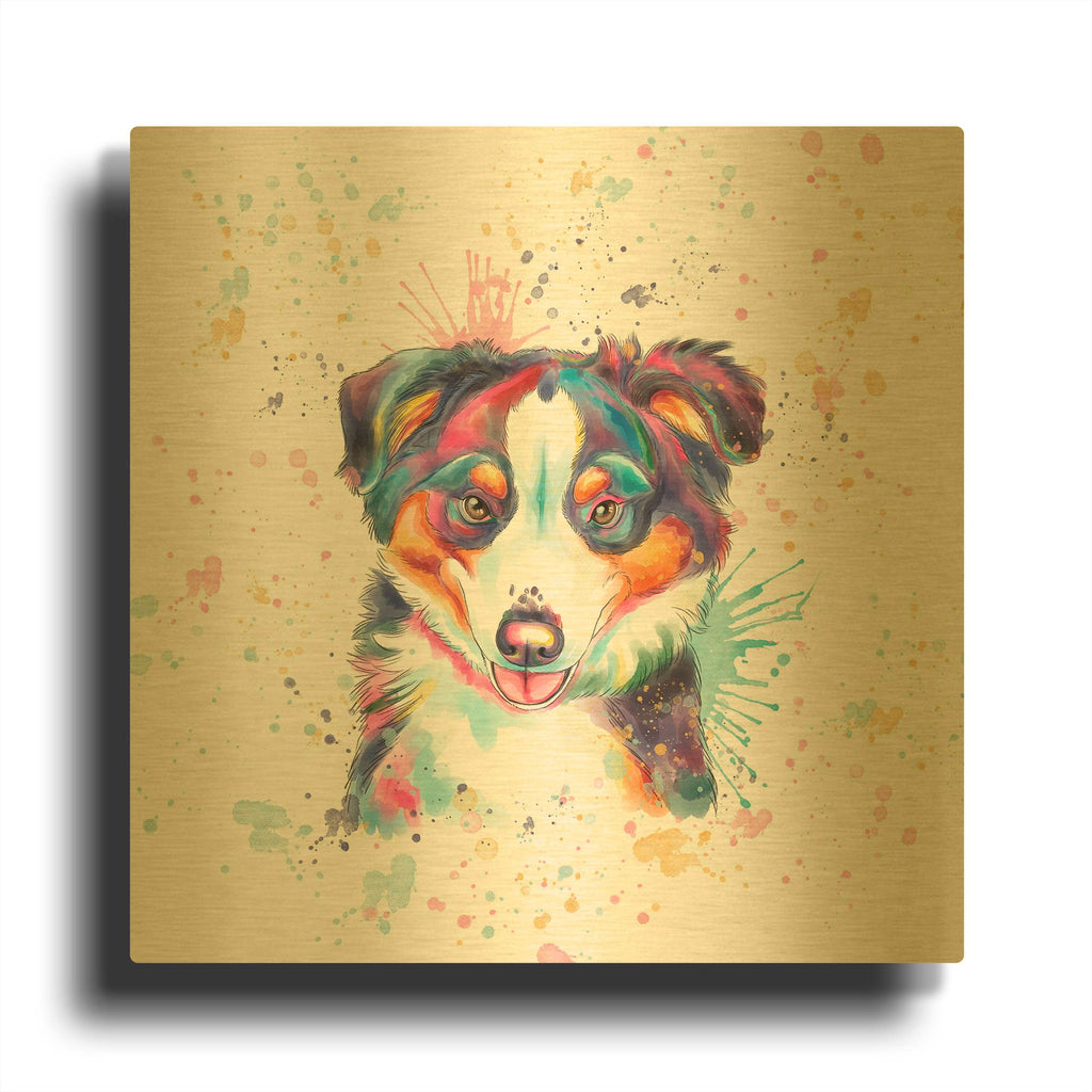 'Colorful Watercolor Australian Shepherd' By Furbaby Affiliates Gold Metal Wall Art