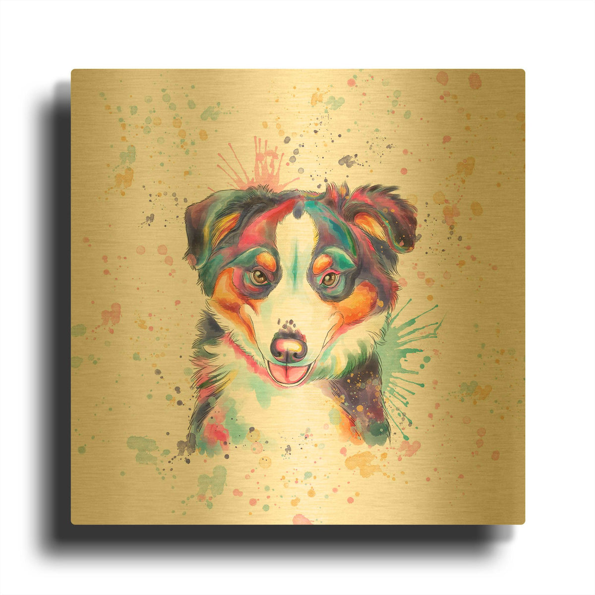 'Colorful Watercolor Australian Shepherd' By Furbaby Affiliates Gold Metal Wall Art