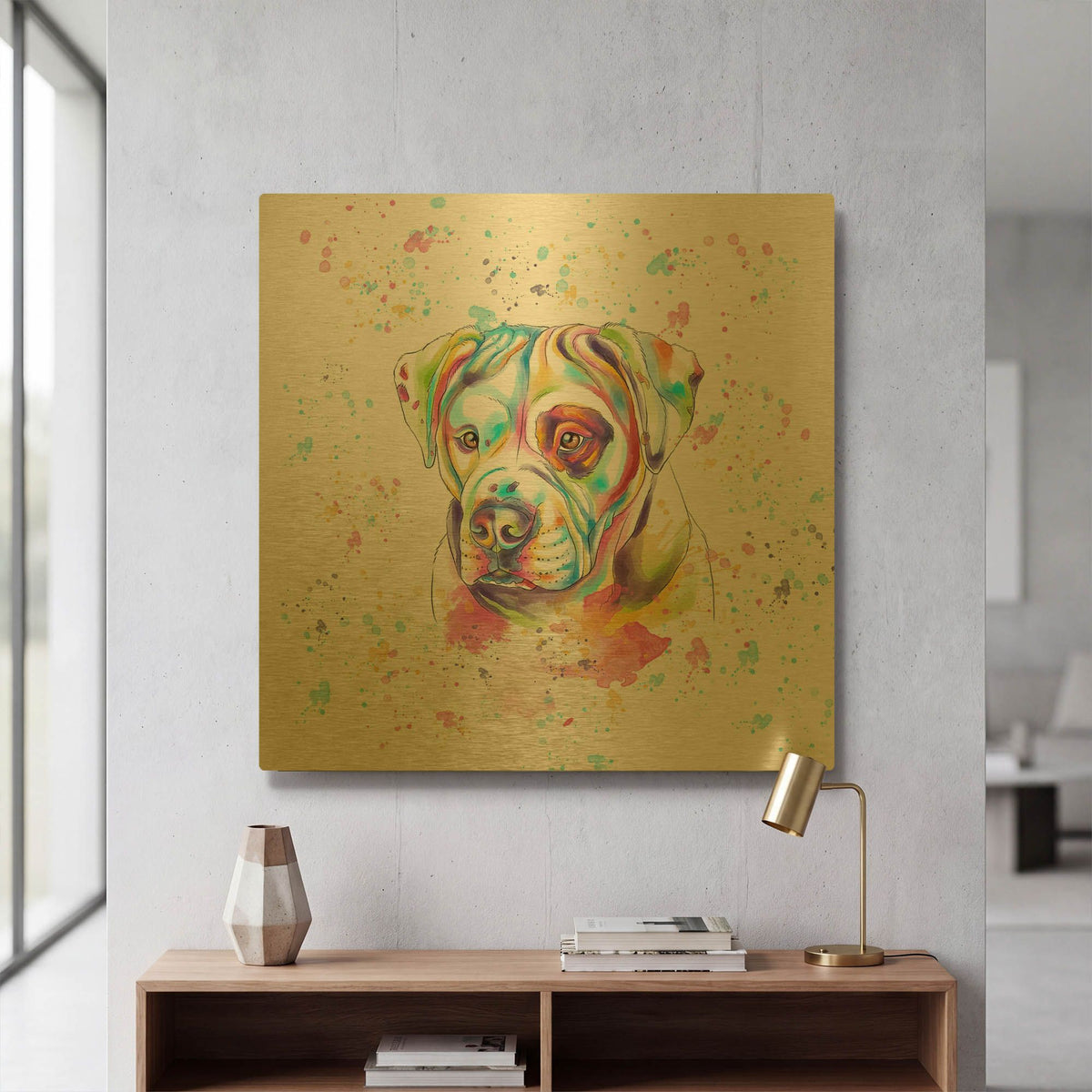 'Colorful Watercolor American Bulldog' By Furbaby Affiliates Gold Metal Wall Art