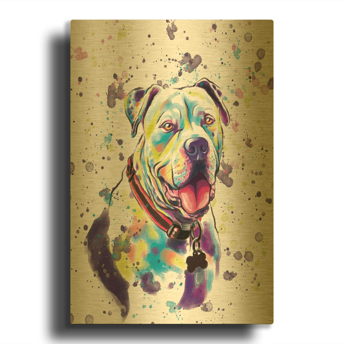 'Colorful Watercolor American Bulldog 2' By Furbaby Affiliates Gold Metal Wall Art