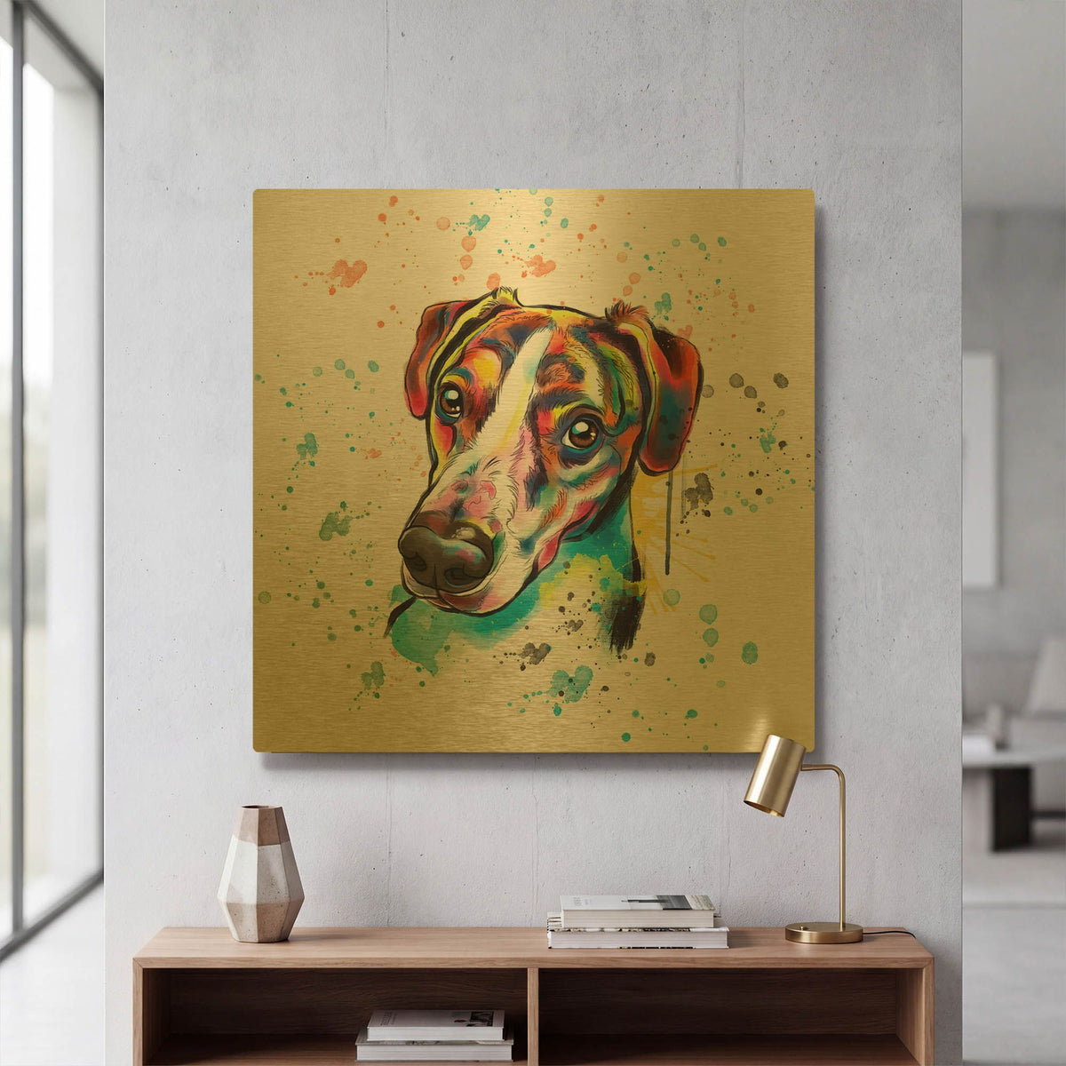 'Colorful Watercolor America Foxhound' By Furbaby Affiliates Gold Metal Wall Art