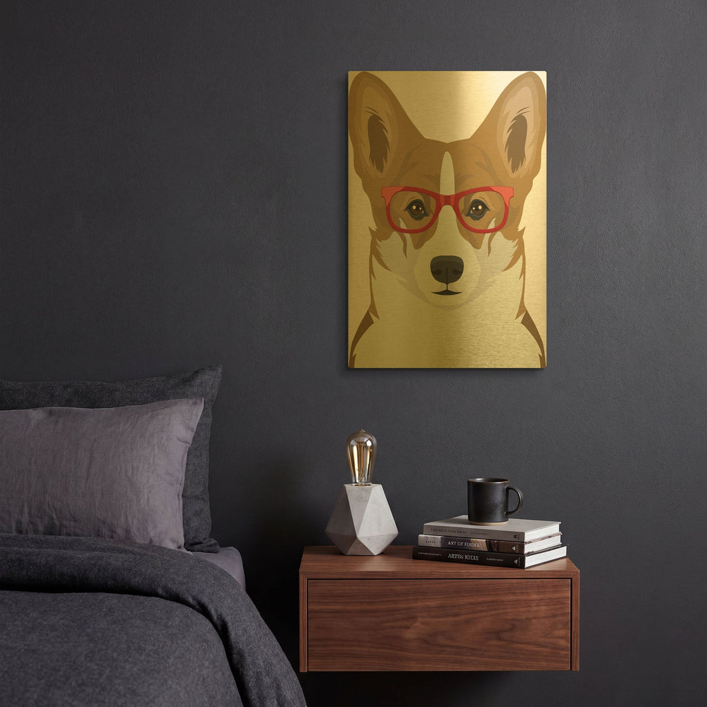 'Corgi Wearing Hipster Glasses 2' By Furbaby Affiliates Gold Metal Wall Art