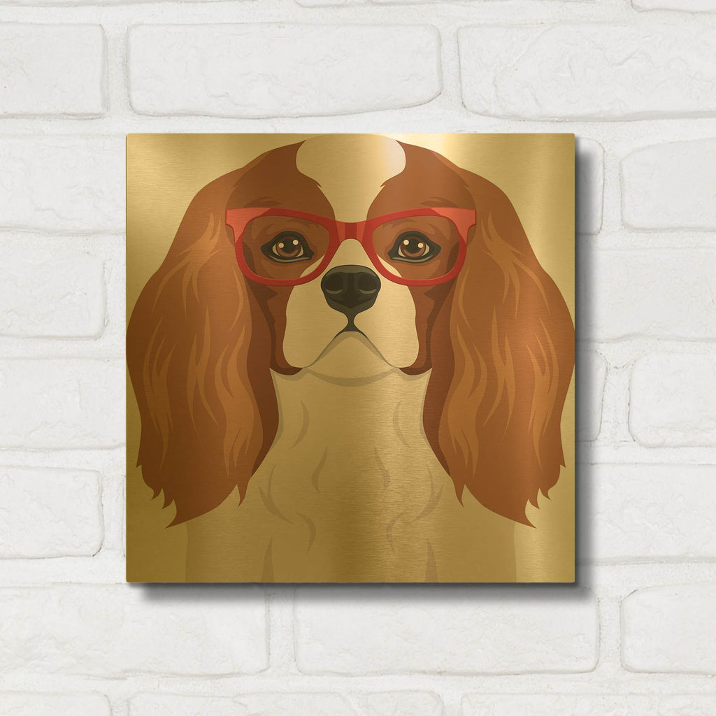 'Cavalier King Charles Spaniel Wearing Hipster Glasses' By Furbaby Affiliates Gold Metal Wall Art