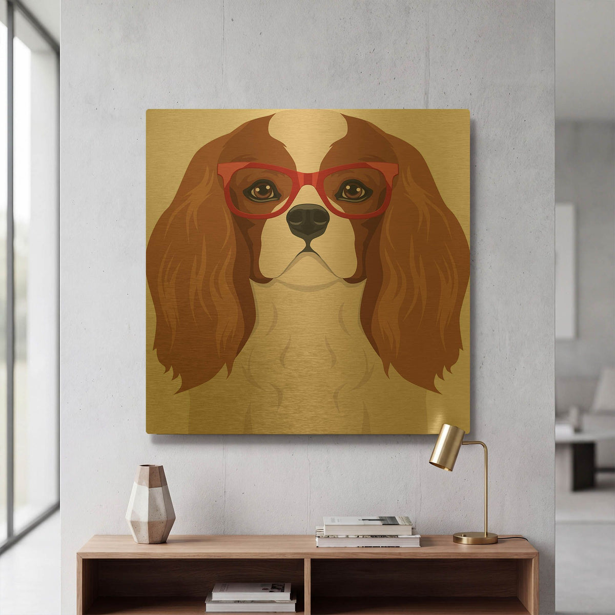 'Cavalier King Charles Spaniel Wearing Hipster Glasses' By Furbaby Affiliates Gold Metal Wall Art