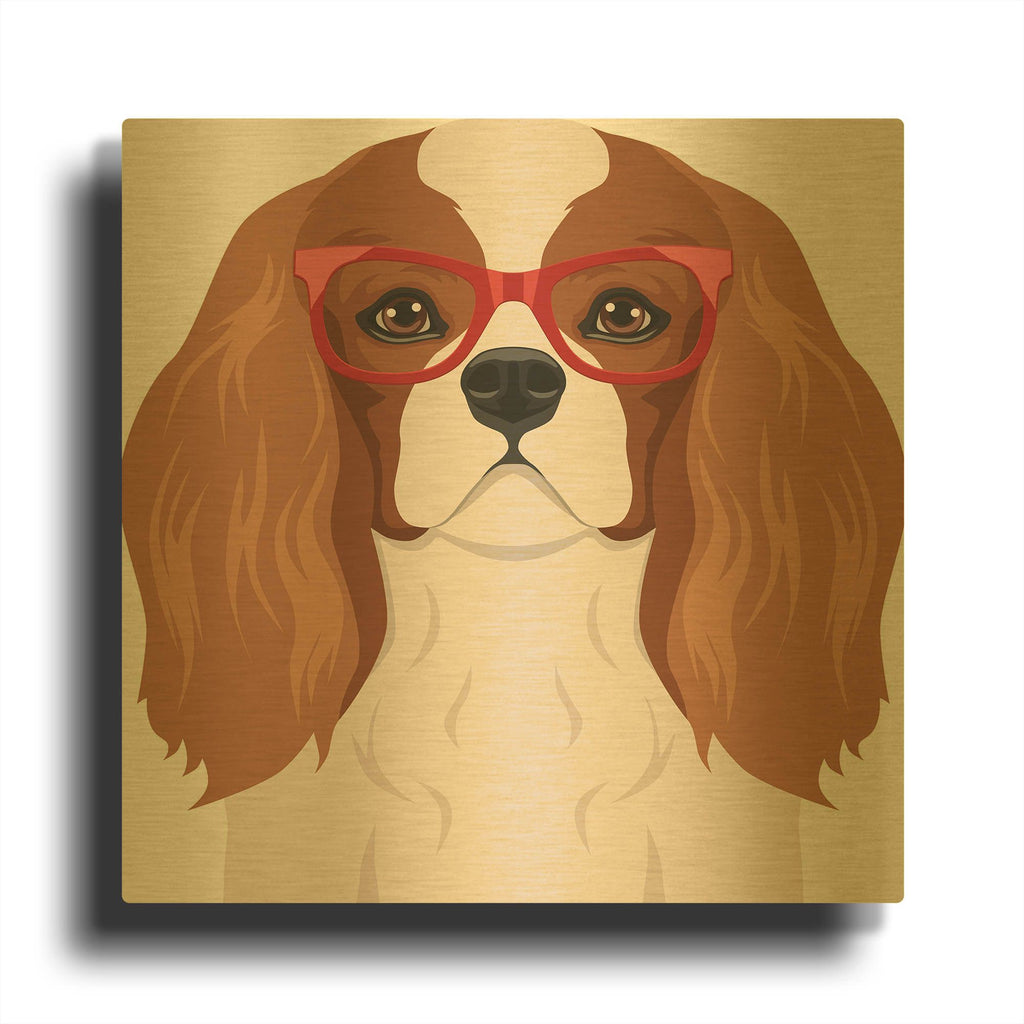 'Cavalier King Charles Spaniel Wearing Hipster Glasses' By Furbaby Affiliates Gold Metal Wall Art
