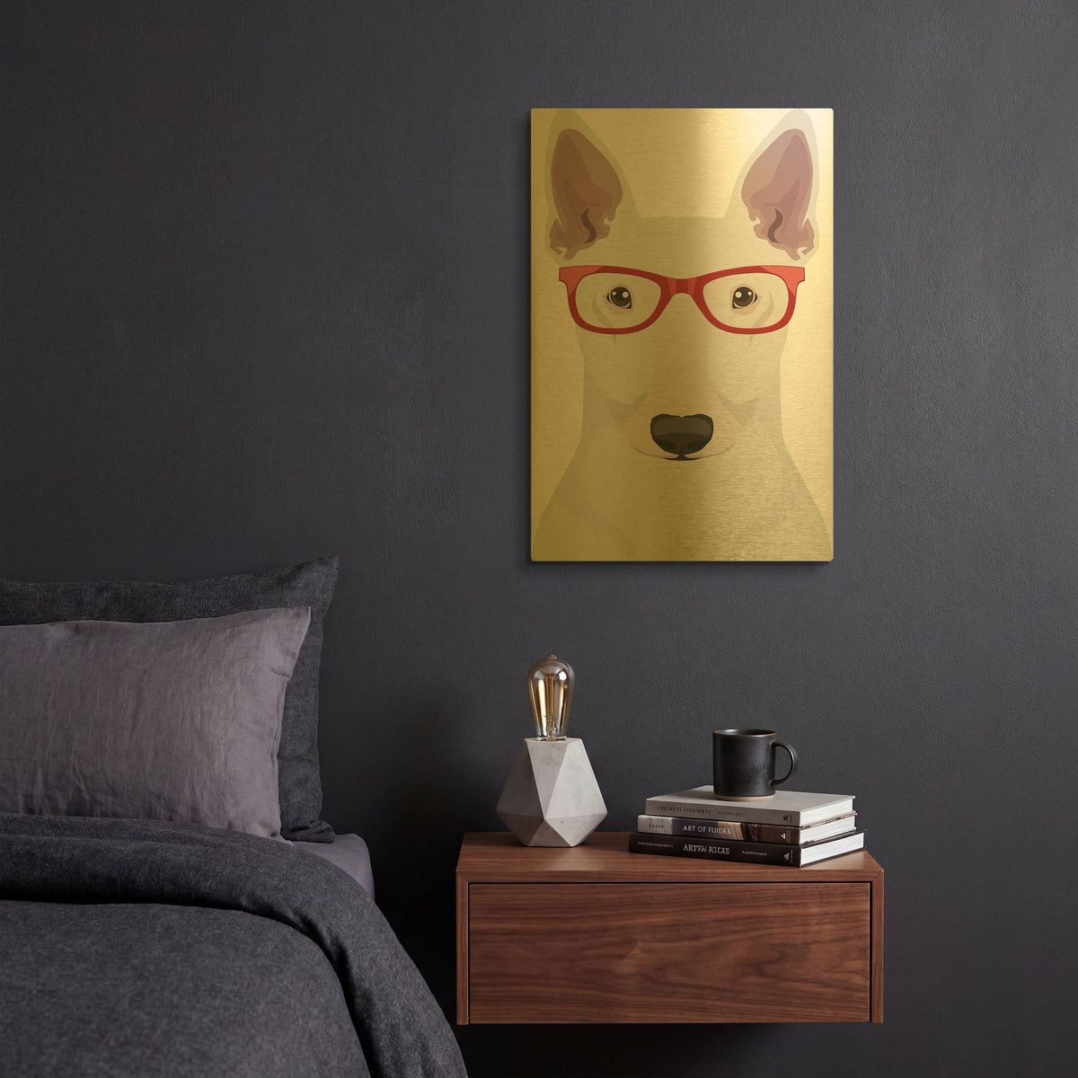 'Bull Terrier Wearing Hipster Glasses' By Furbaby Affiliates Gold Metal Wall Art