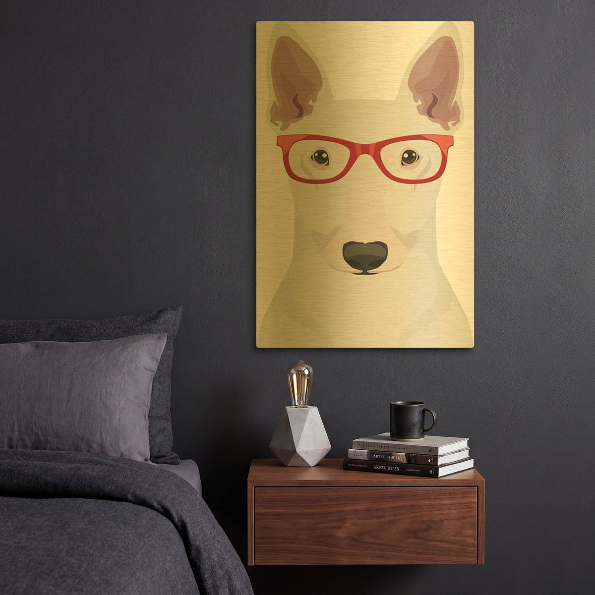 'Bull Terrier Wearing Hipster Glasses' By Furbaby Affiliates Gold Metal Wall Art