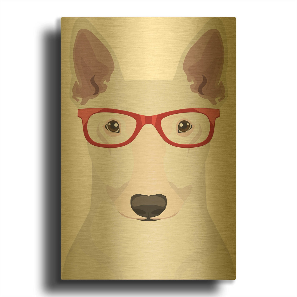 'Bull Terrier Wearing Hipster Glasses' By Furbaby Affiliates Gold Metal Wall Art
