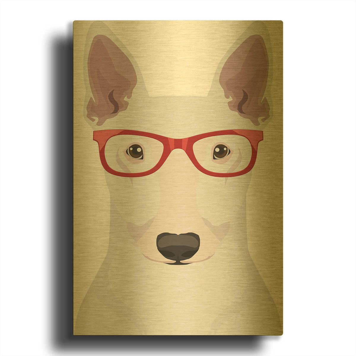 'Bull Terrier Wearing Hipster Glasses' By Furbaby Affiliates Gold Metal Wall Art