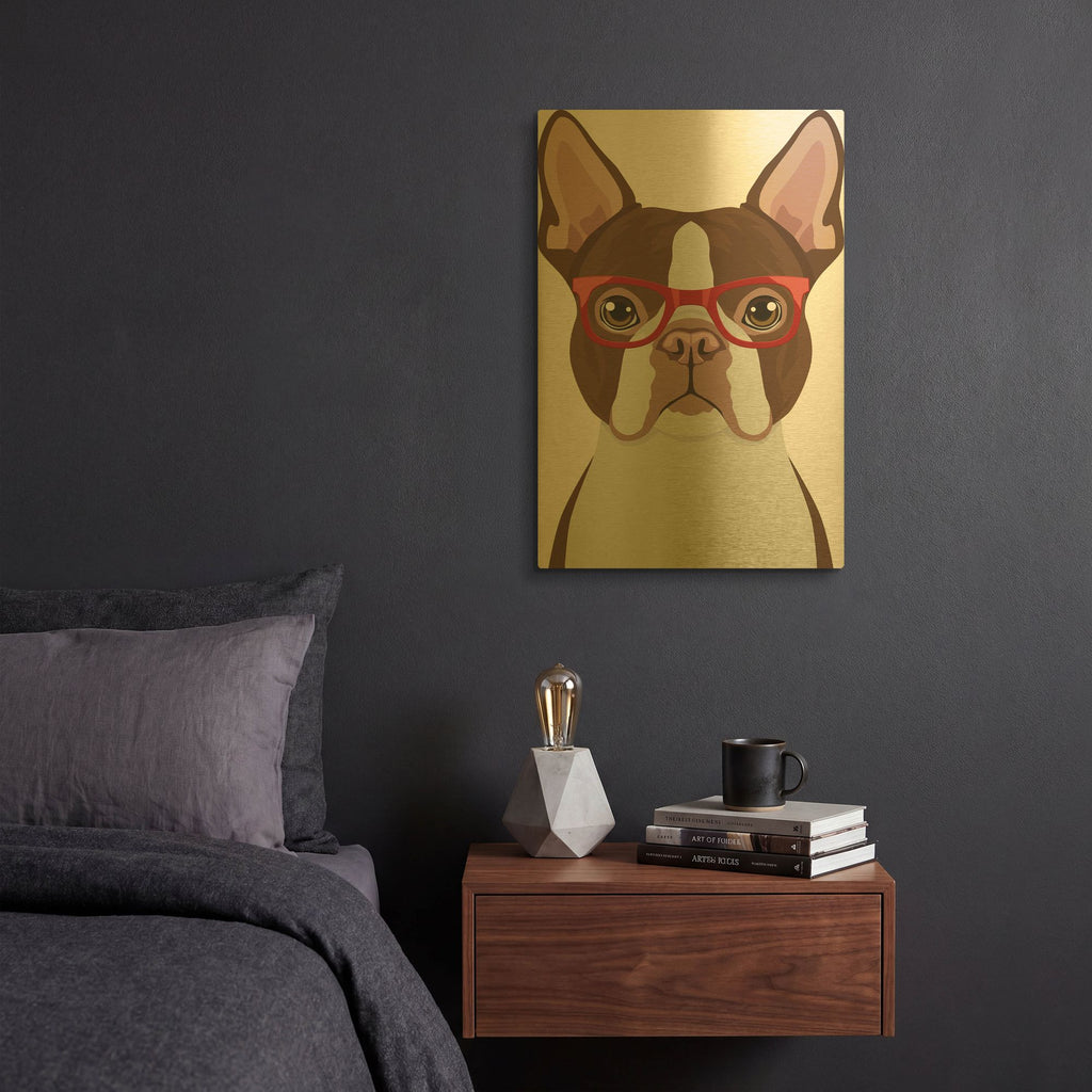 'Boston Terrier Wearing Hipster Glasses 2' By Furbaby Affiliates Gold Metal Wall Art