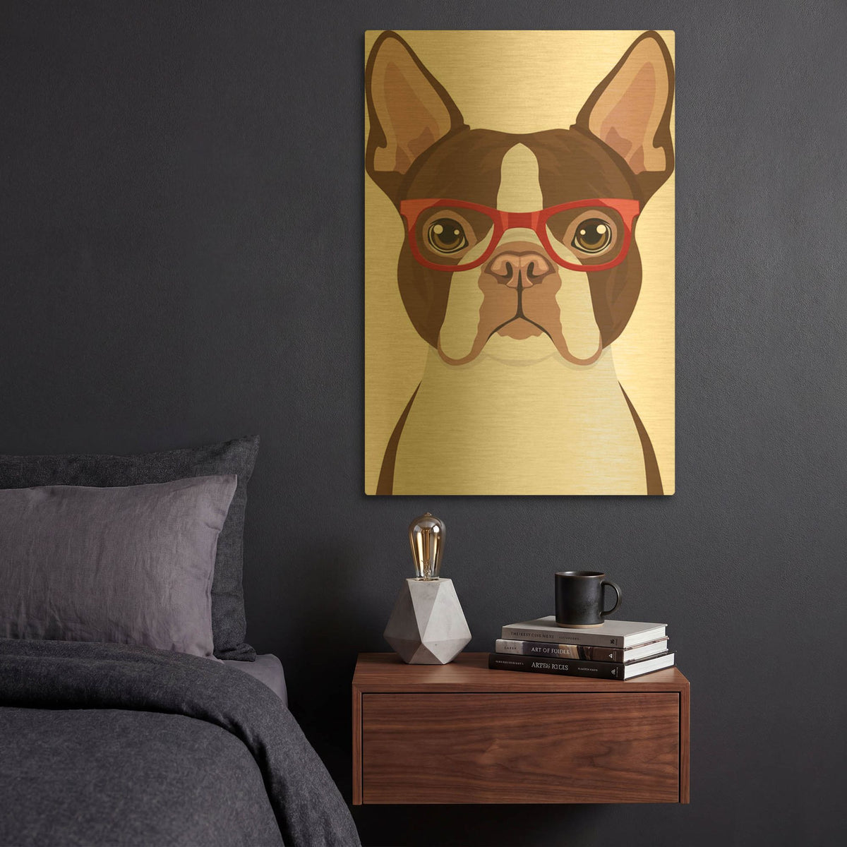 'Boston Terrier Wearing Hipster Glasses 2' By Furbaby Affiliates Gold Metal Wall Art