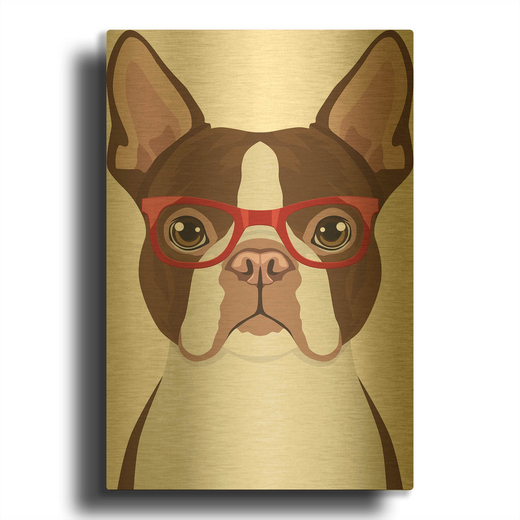 'Boston Terrier Wearing Hipster Glasses 2' By Furbaby Affiliates Gold Metal Wall Art