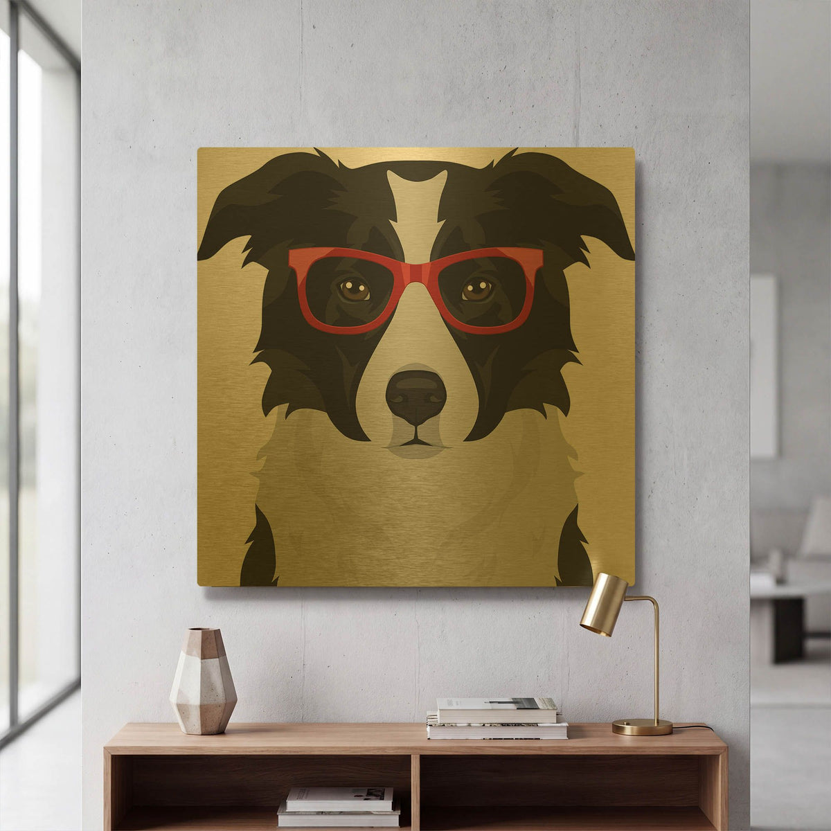 'Border Collie Wearing Hipster Glasses' By Furbaby Affiliates Gold Metal Wall Art