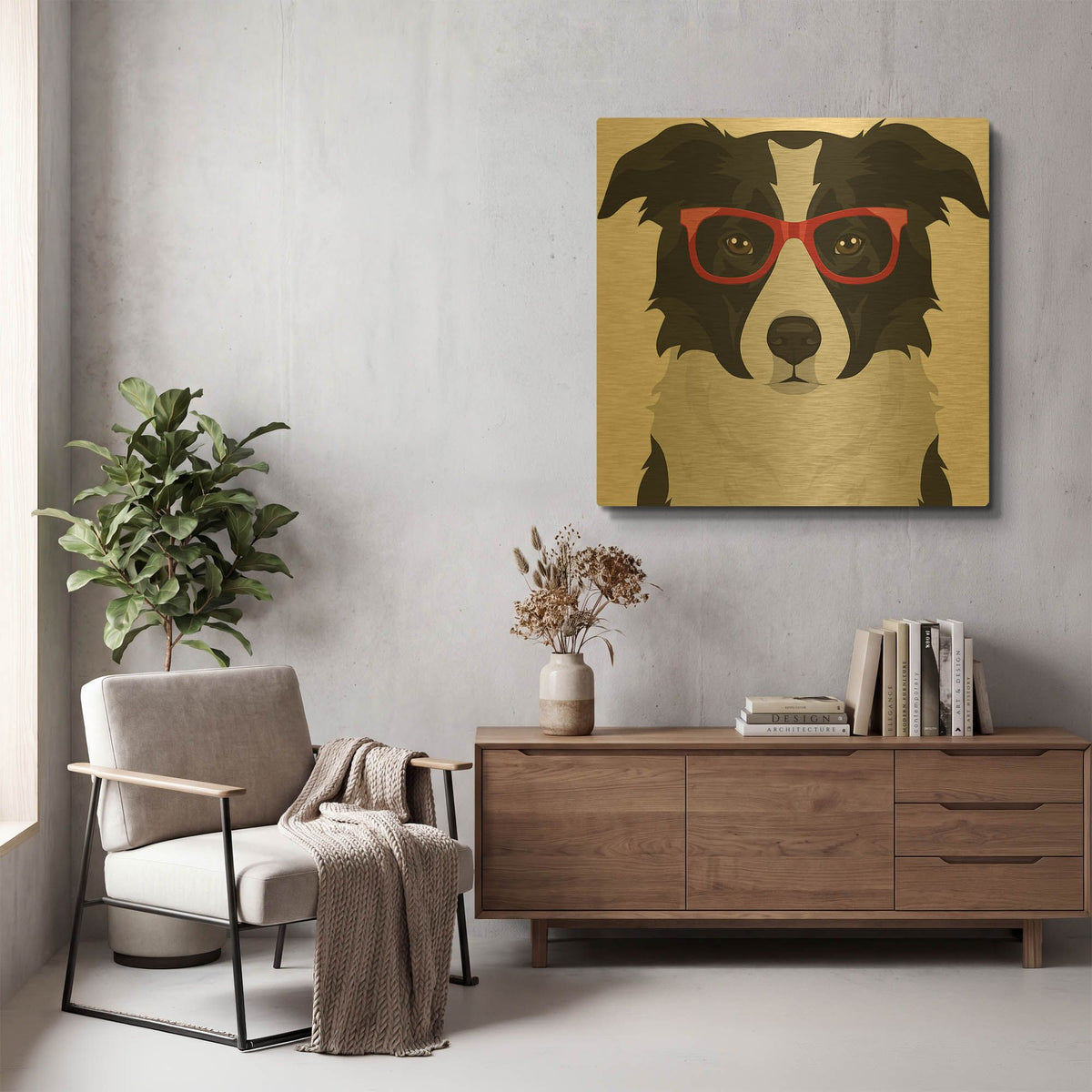 'Border Collie Wearing Hipster Glasses' By Furbaby Affiliates Gold Metal Wall Art