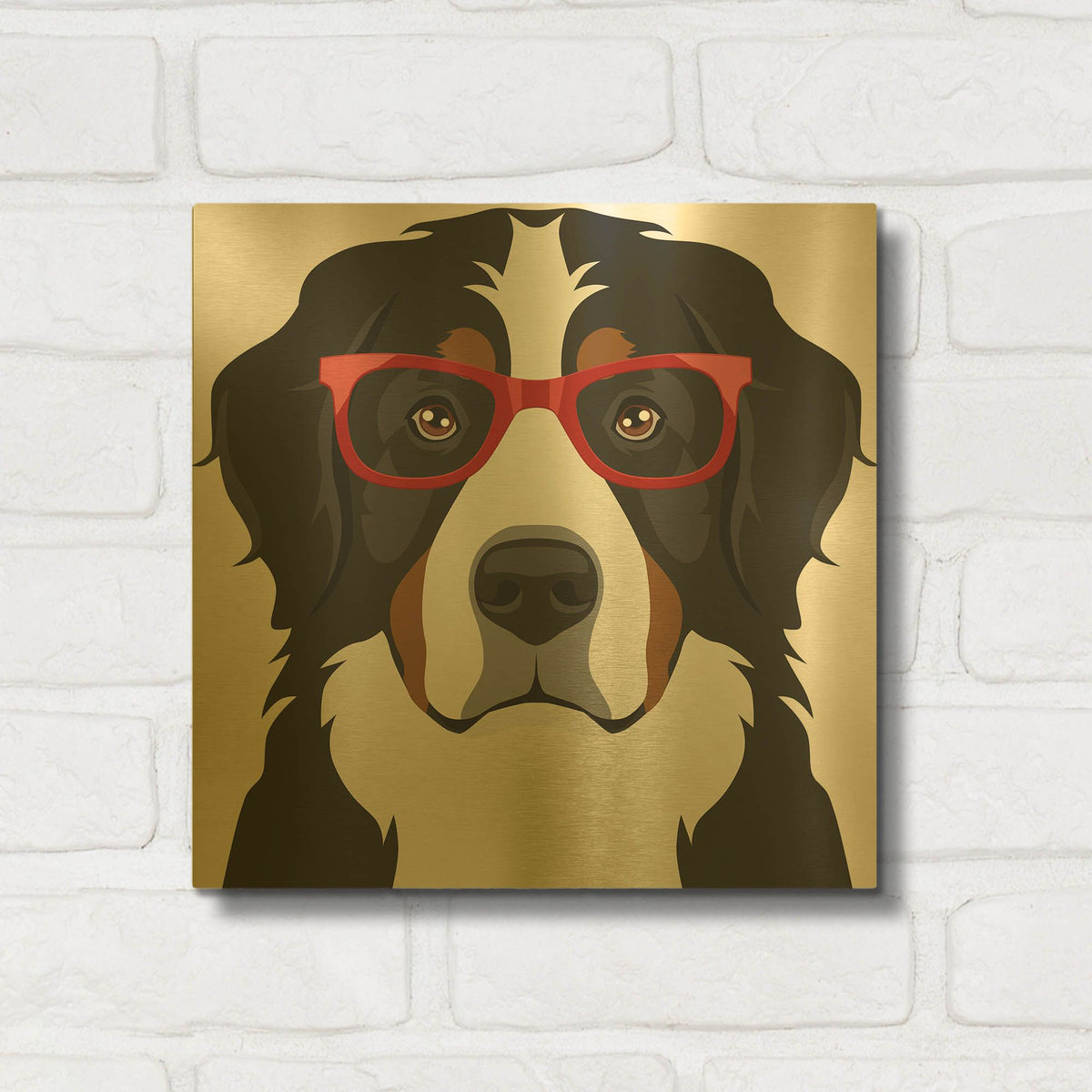'Bernese Mountain Dog Wearing Hipster Glasses' By Furbaby Affiliates Gold Metal Wall Art