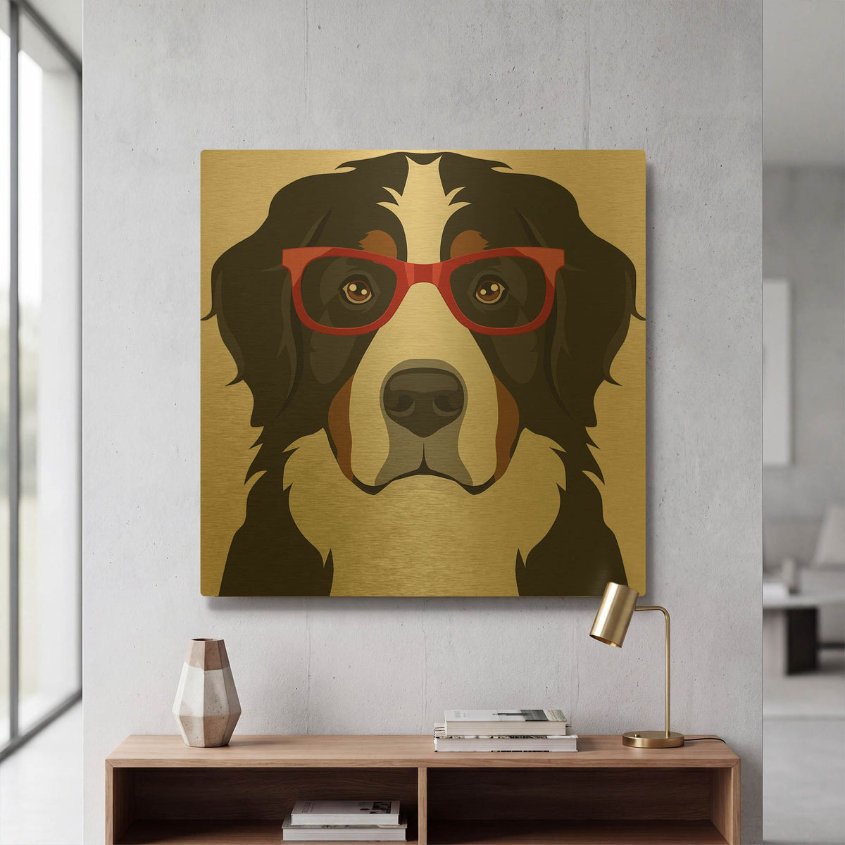 'Bernese Mountain Dog Wearing Hipster Glasses' By Furbaby Affiliates Gold Metal Wall Art