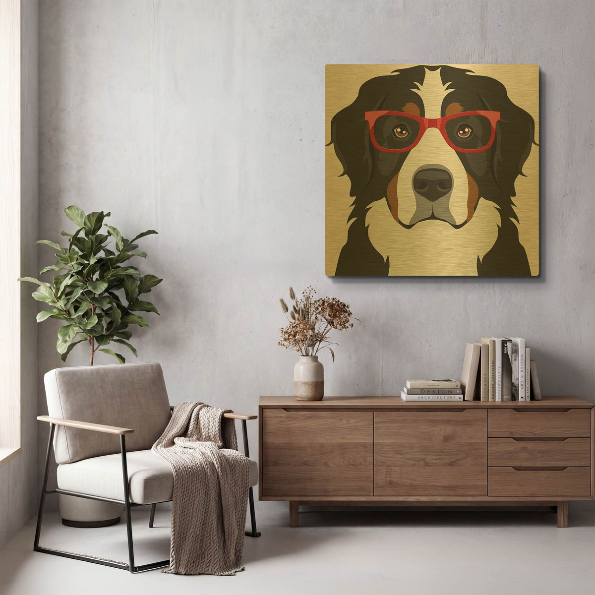 'Bernese Mountain Dog Wearing Hipster Glasses' By Furbaby Affiliates Gold Metal Wall Art