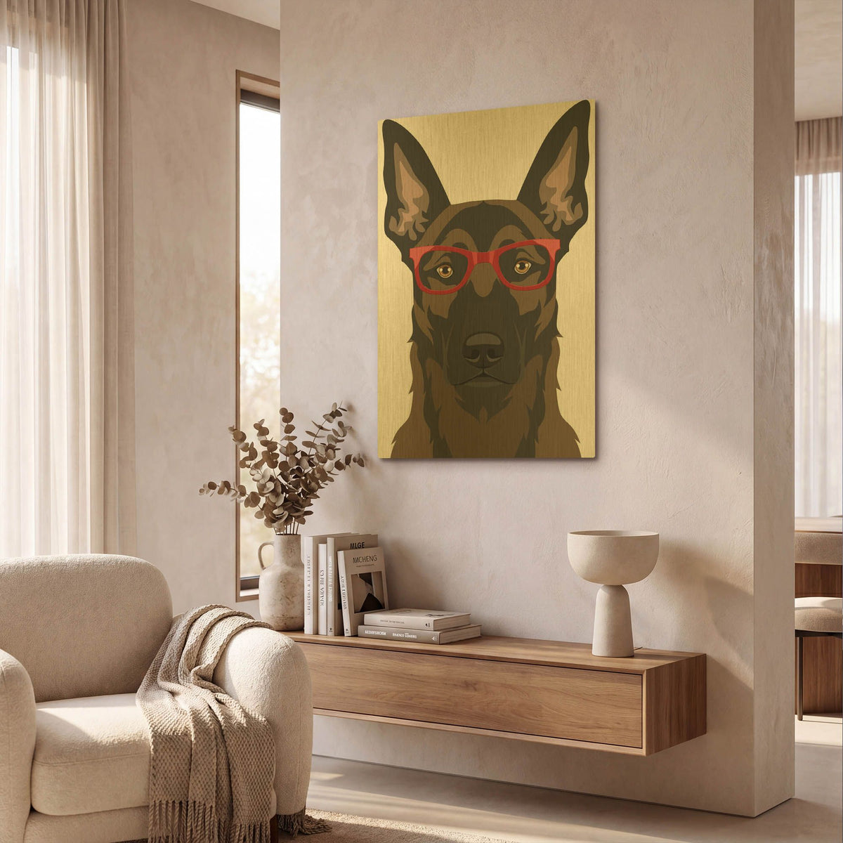 'Belgian Malinois Wearing Hipster Glasses' By Furbaby Affiliates Gold Metal Wall Art