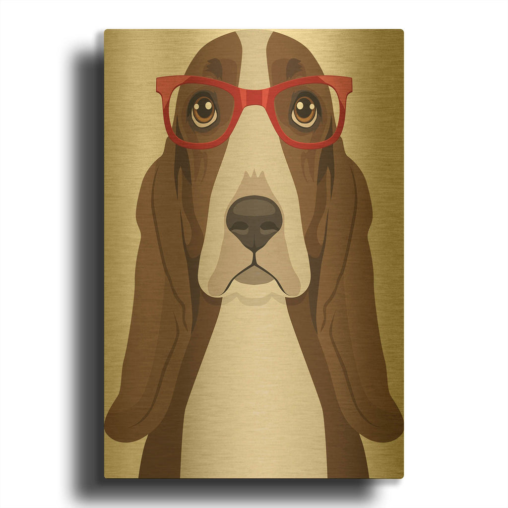 'Basset Hound Wearing Hipster Glasses' By Furbaby Affiliates Gold Metal Wall Art