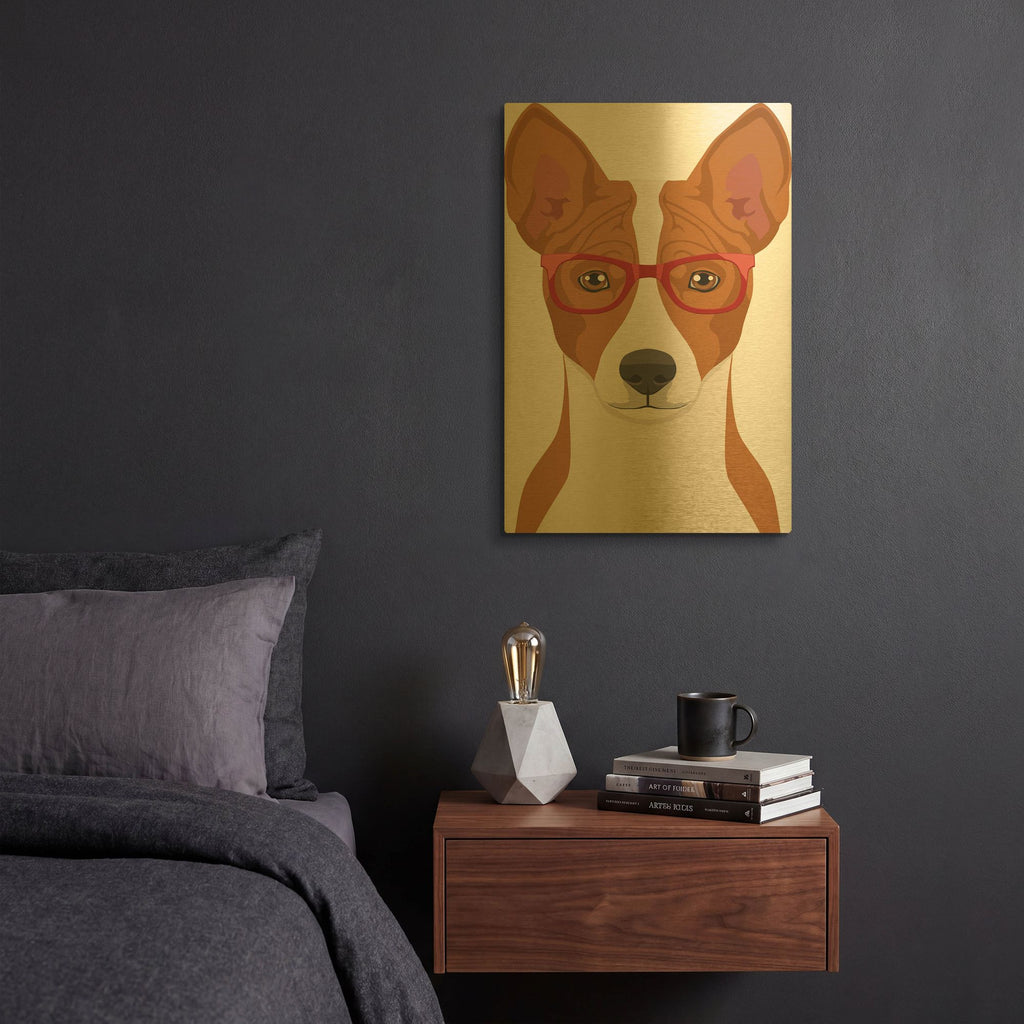 'Basenji Wearing Hipster Glasses' By Furbaby Affiliates Gold Metal Wall Art