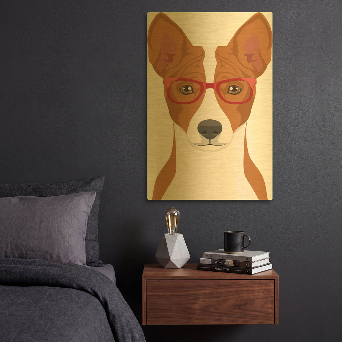 'Basenji Wearing Hipster Glasses' By Furbaby Affiliates Gold Metal Wall Art