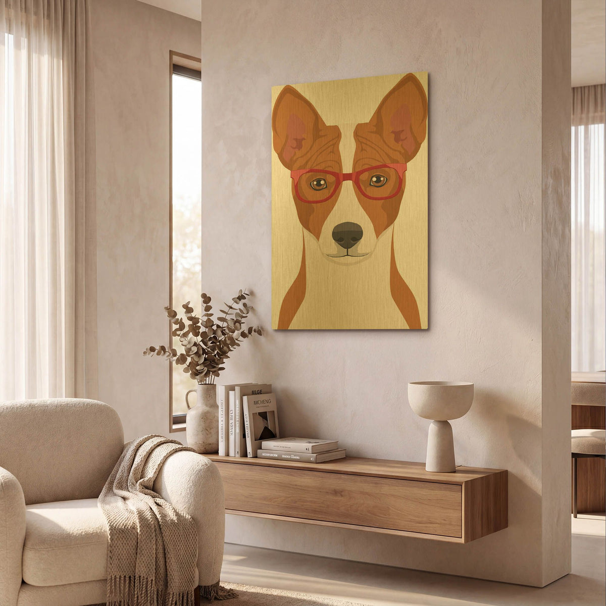 'Basenji Wearing Hipster Glasses' By Furbaby Affiliates Gold Metal Wall Art