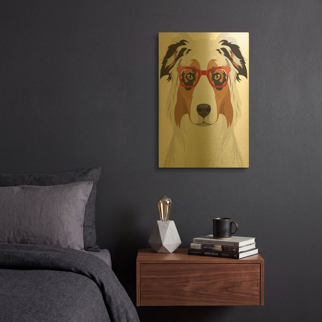 'Australian Shepherd Wearing Hipster Glasses' By Furbaby Affiliates Gold Metal Wall Art