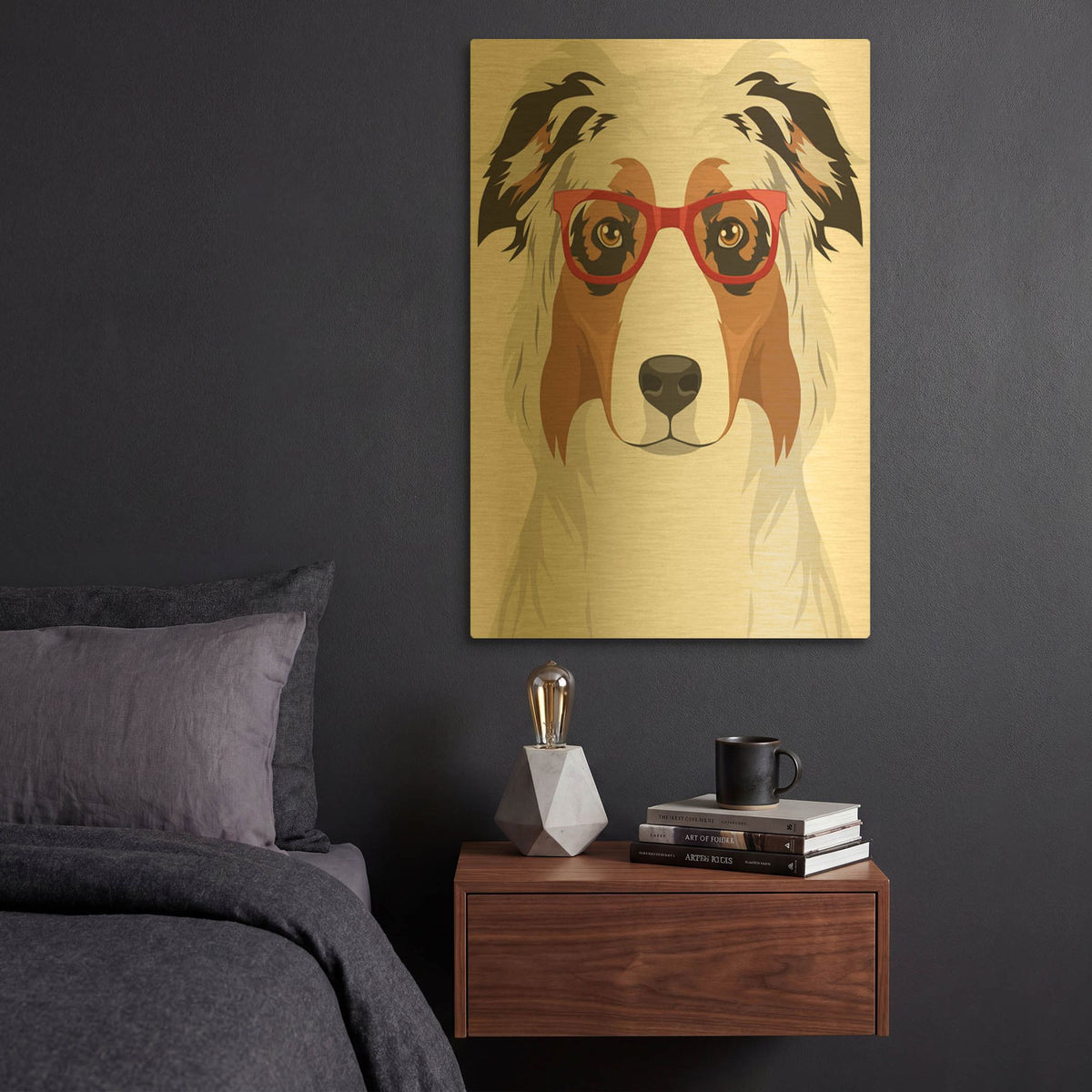 'Australian Shepherd Wearing Hipster Glasses' By Furbaby Affiliates Gold Metal Wall Art