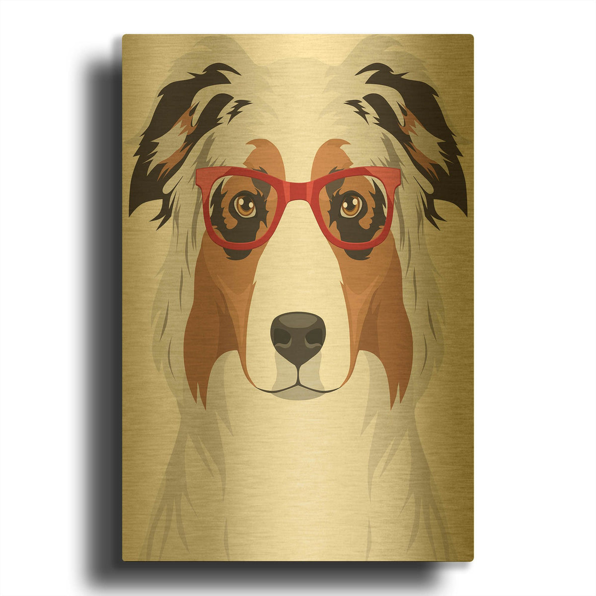 'Australian Shepherd Wearing Hipster Glasses' By Furbaby Affiliates Gold Metal Wall Art