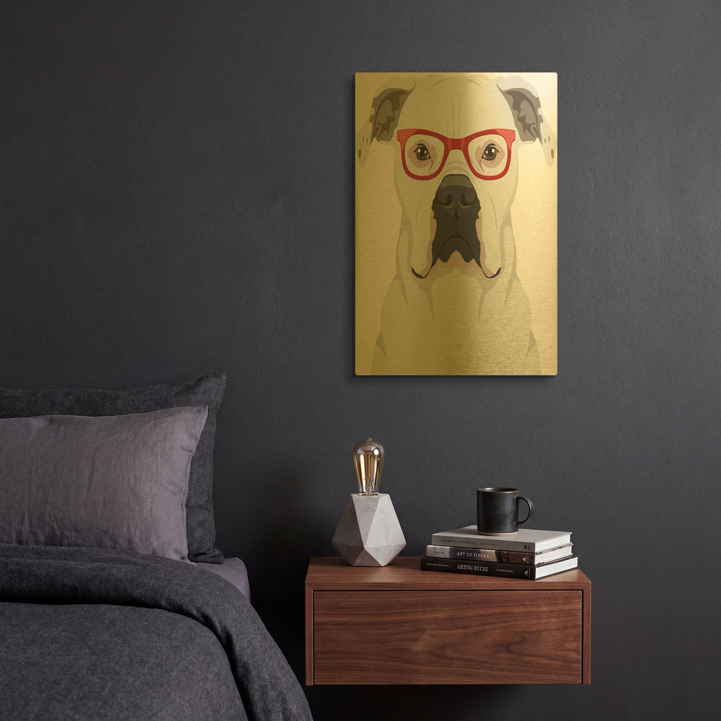'American Bulldog Wearing Hipster Glasses' By Furbaby Affiliates Gold Metal Wall Art