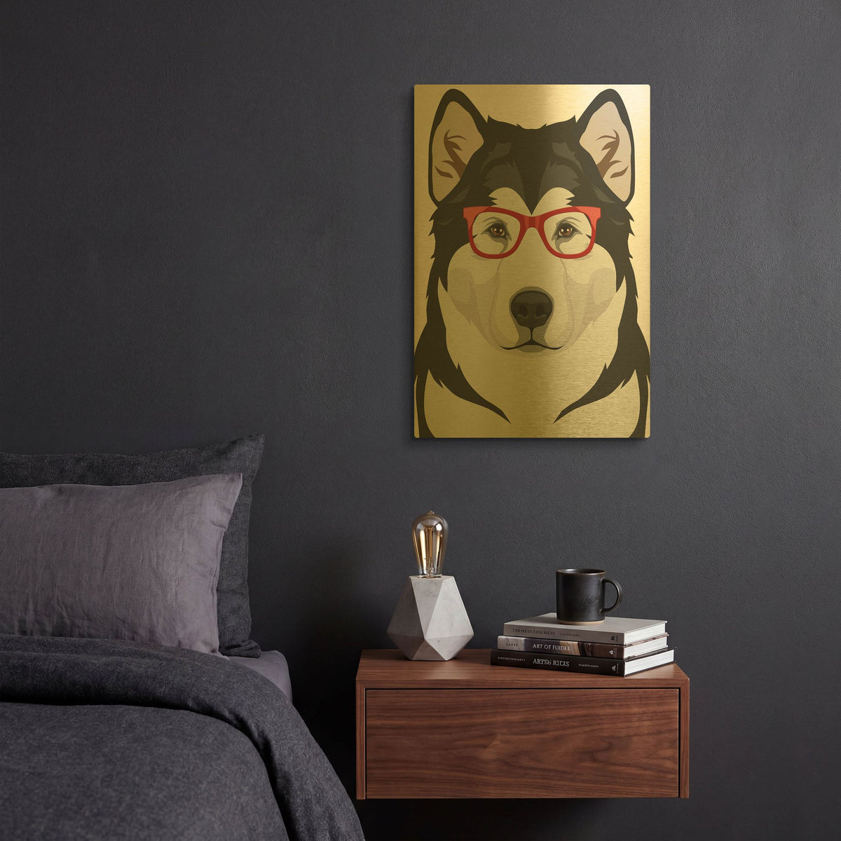 'Alaskan Malamute Wearing Hipster Glasses' By Furbaby Affiliates Gold Metal Wall Art