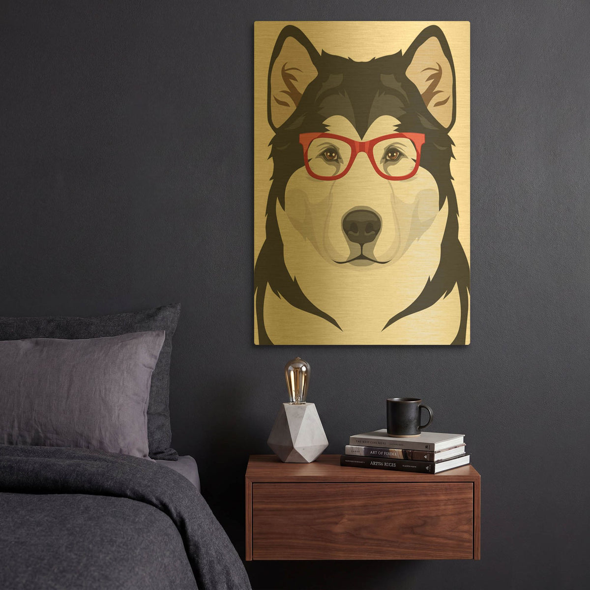 'Alaskan Malamute Wearing Hipster Glasses' By Furbaby Affiliates Gold Metal Wall Art