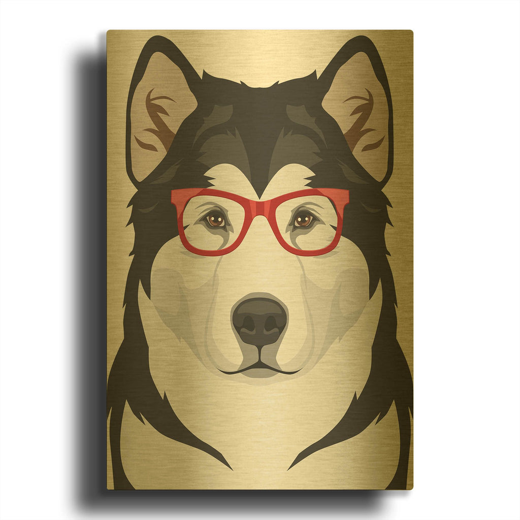 'Alaskan Malamute Wearing Hipster Glasses' By Furbaby Affiliates Gold Metal Wall Art