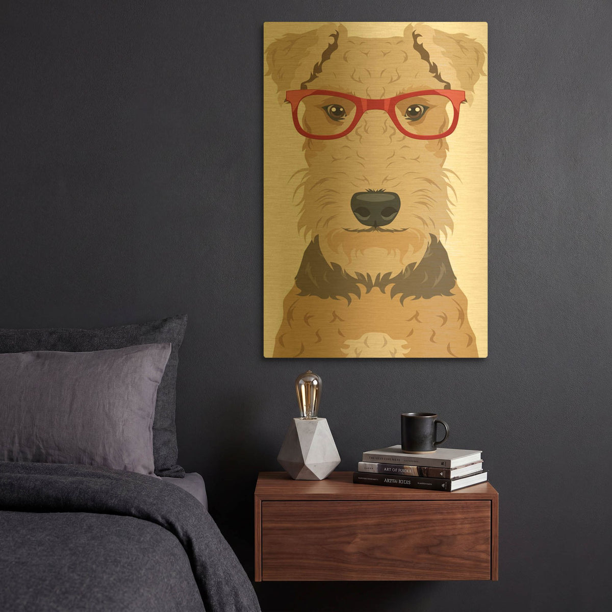 'Airedale Terrier Wearing Hipster Glasses' By Furbaby Affiliates Gold Metal Wall Art
