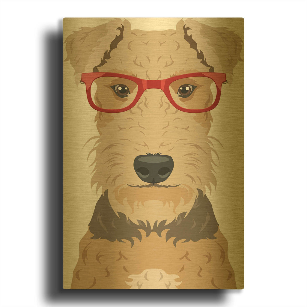 'Airedale Terrier Wearing Hipster Glasses' By Furbaby Affiliates Gold Metal Wall Art