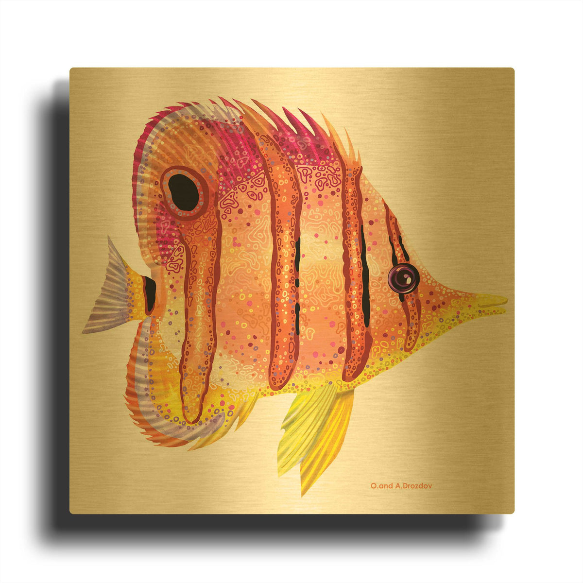 'New Fish 4' By Olga and Alexey Drozdov Gold Metal Wall Art