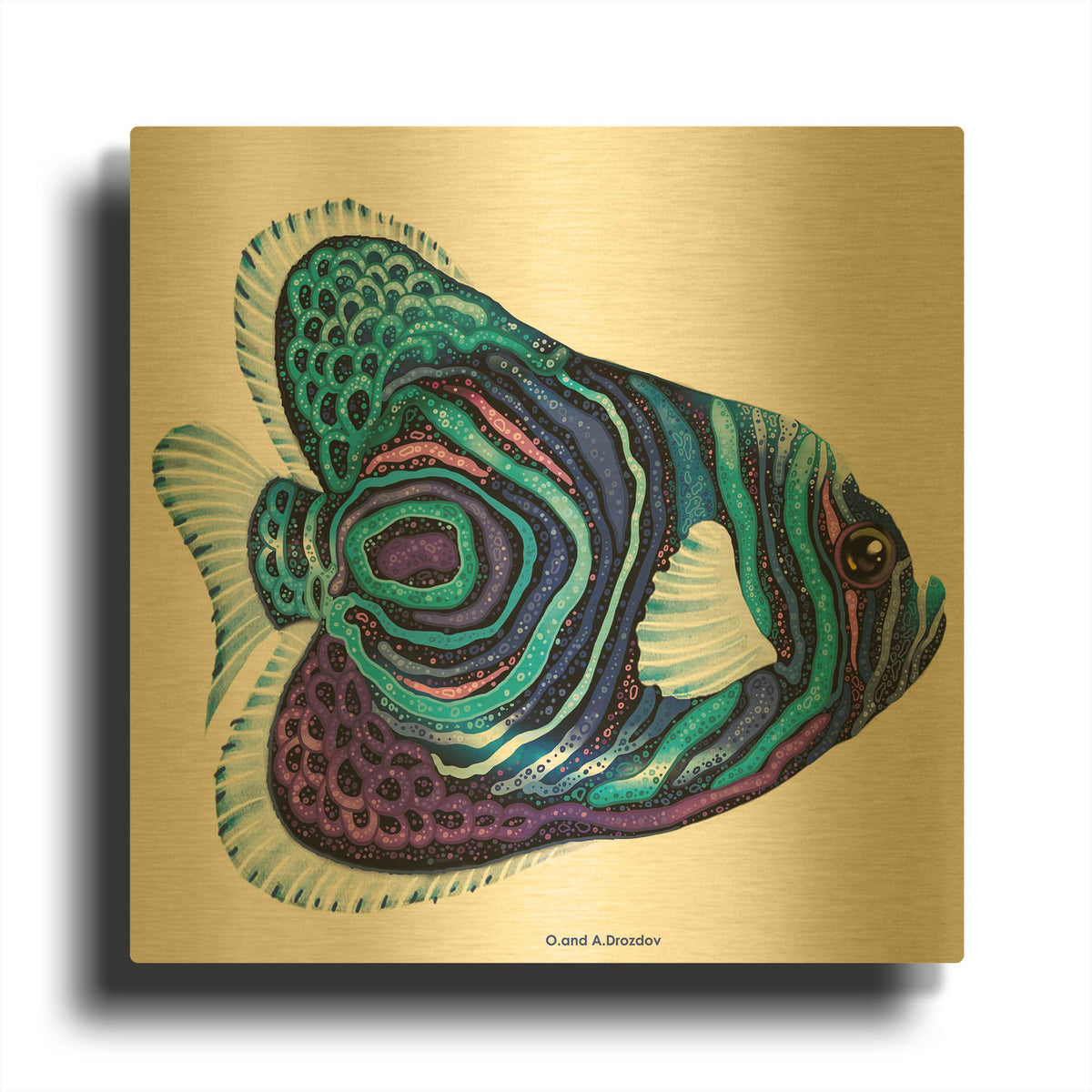 'New Fish 3' By Olga and Alexey Drozdov Gold Metal Wall Art