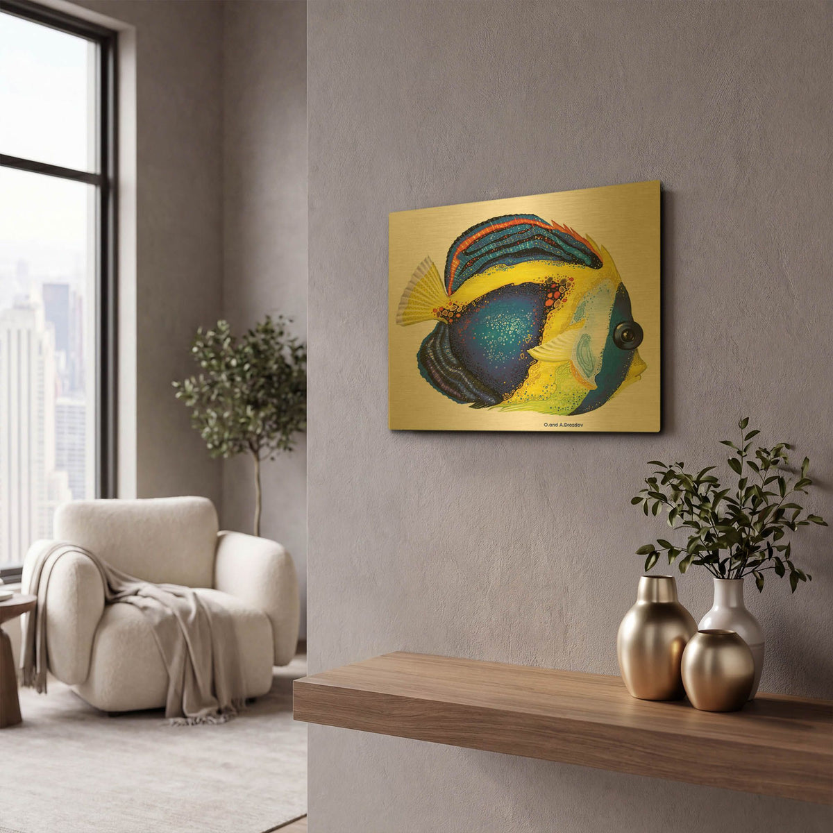 'New Fish 2' By Olga and Alexey Drozdov Gold Metal Wall Art