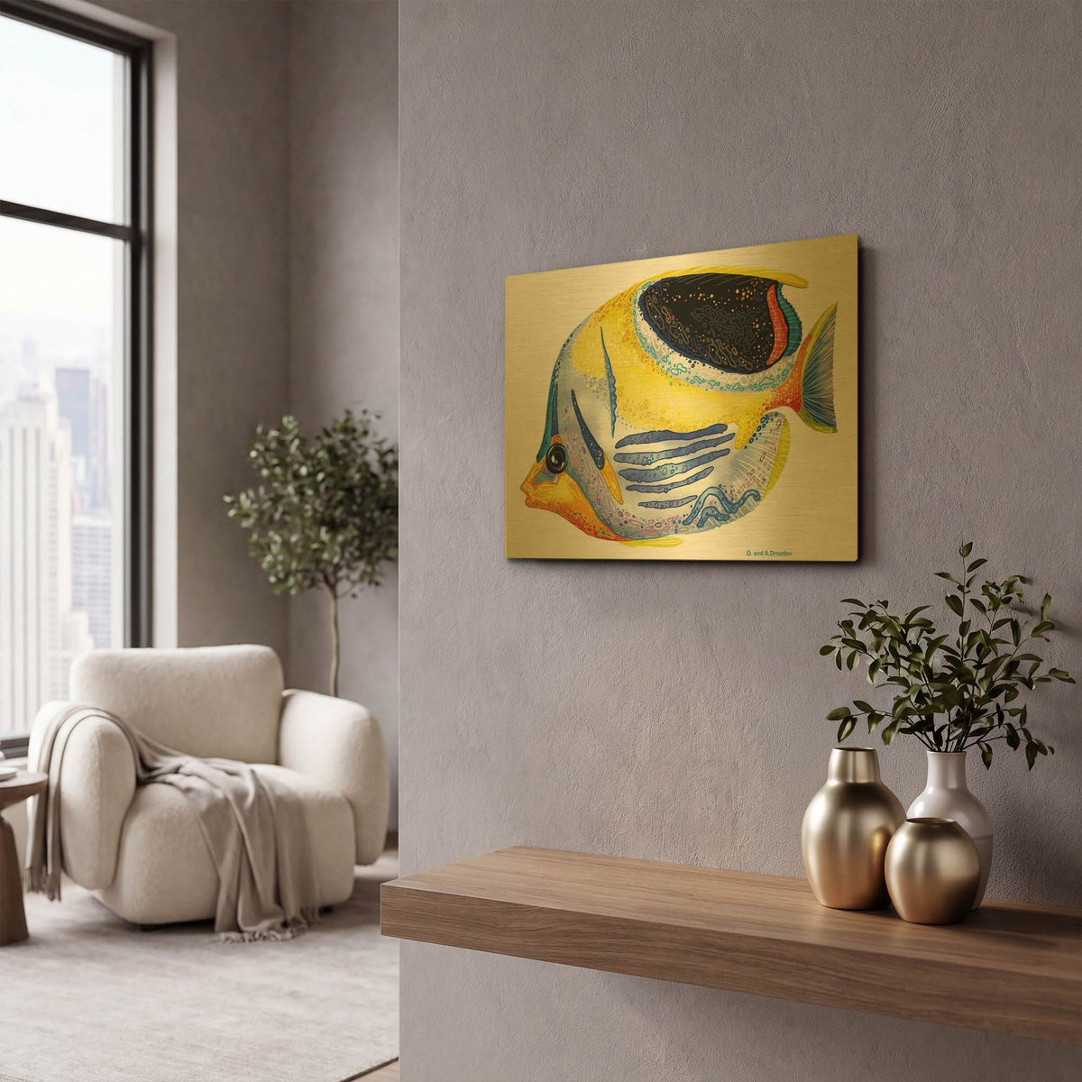 'Fish 5 Blue Yellow' By Olga and Alexey Drozdov Gold Metal Wall Art