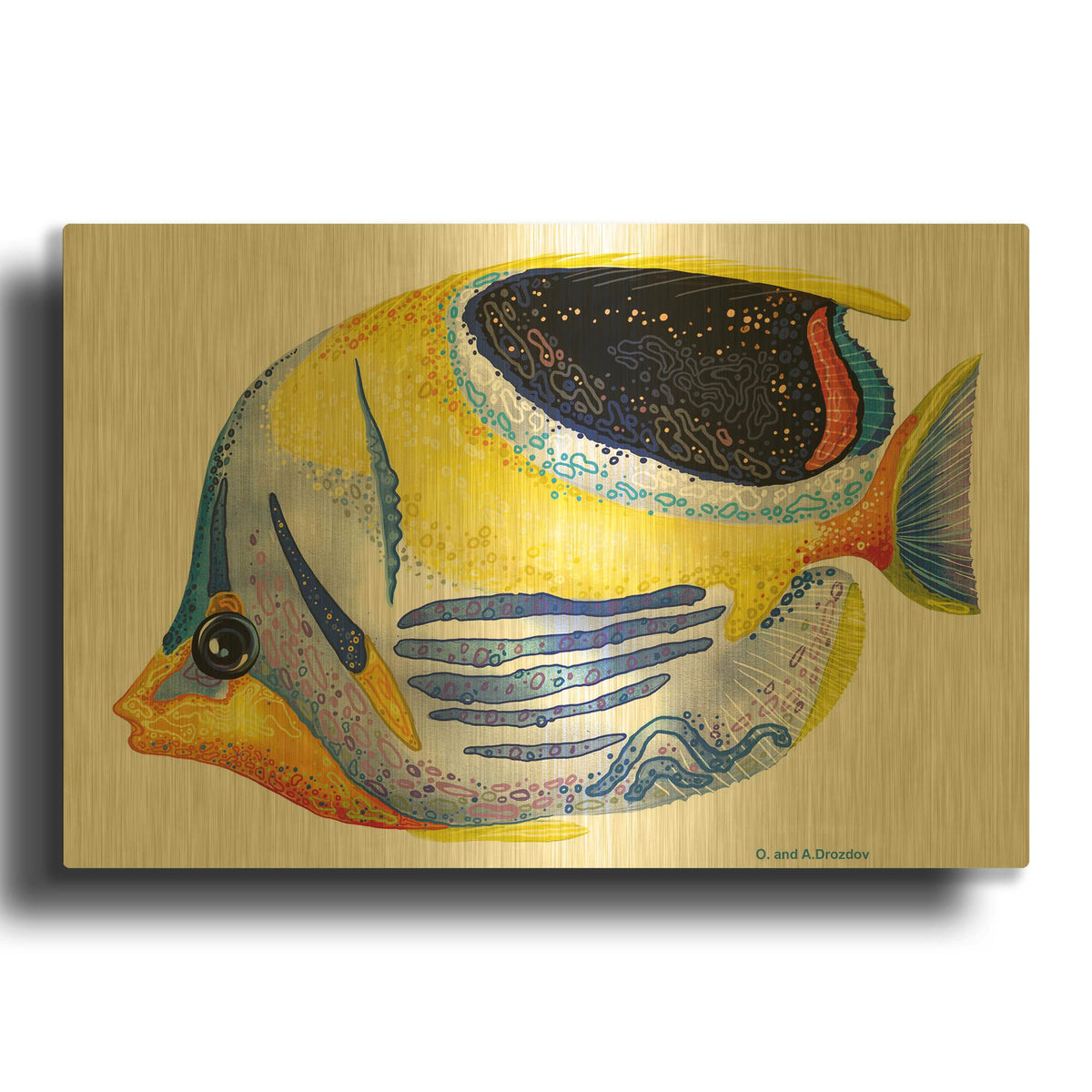 'Fish 5 Blue Yellow' By Olga and Alexey Drozdov Gold Metal Wall Art