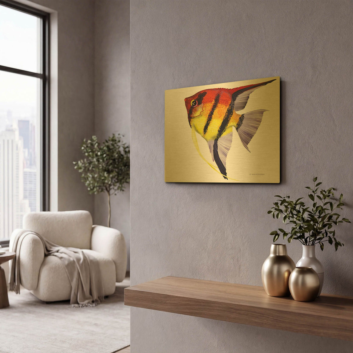 'Fish 4 Red Yellow' By Olga and Alexey Drozdov Gold Metal Wall Art