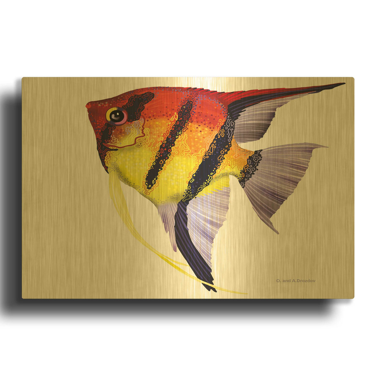 'Fish 4 Red Yellow' By Olga and Alexey Drozdov Gold Metal Wall Art