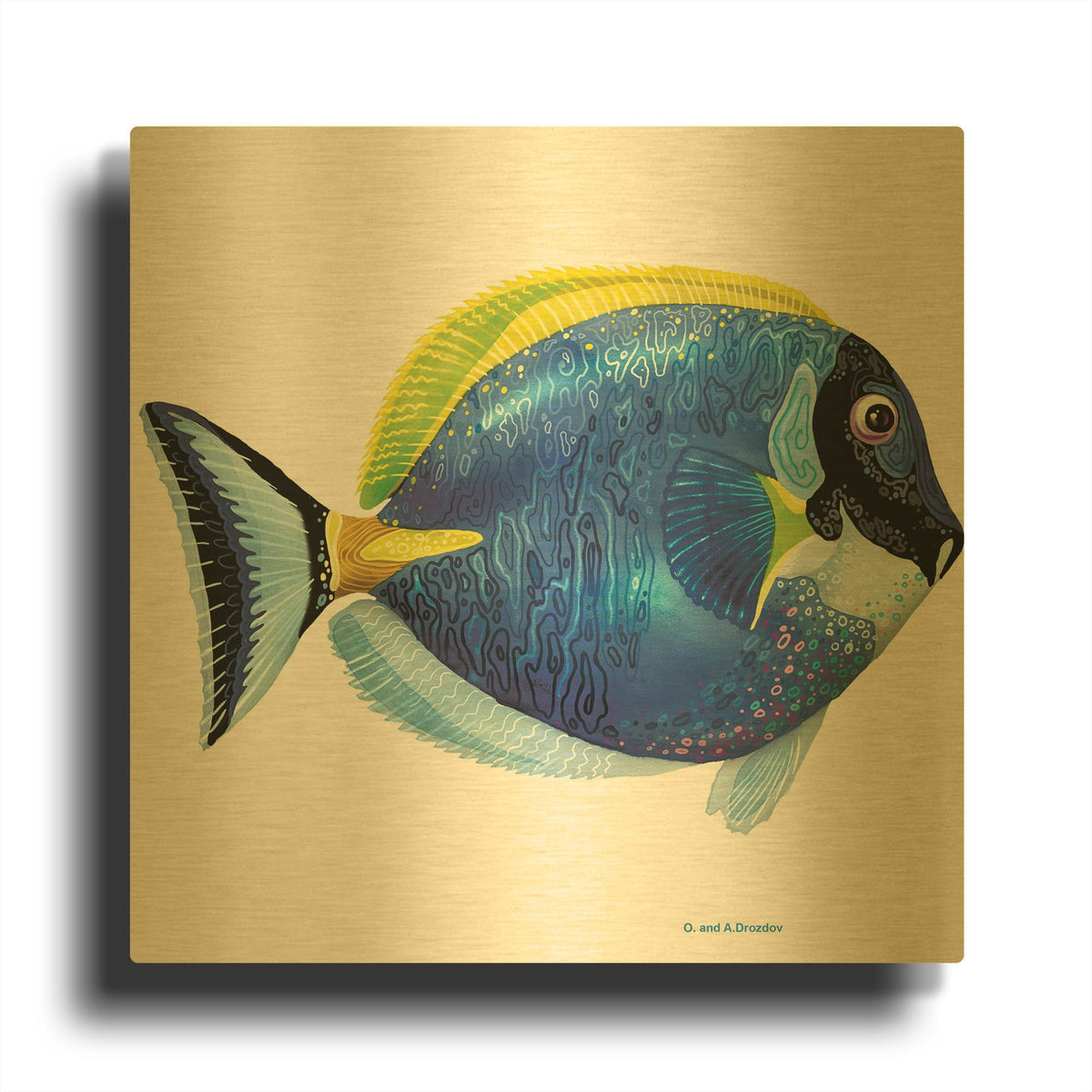 'Fish 4 Blue Yellow' By Olga and Alexey Drozdov Gold Metal Wall Art
