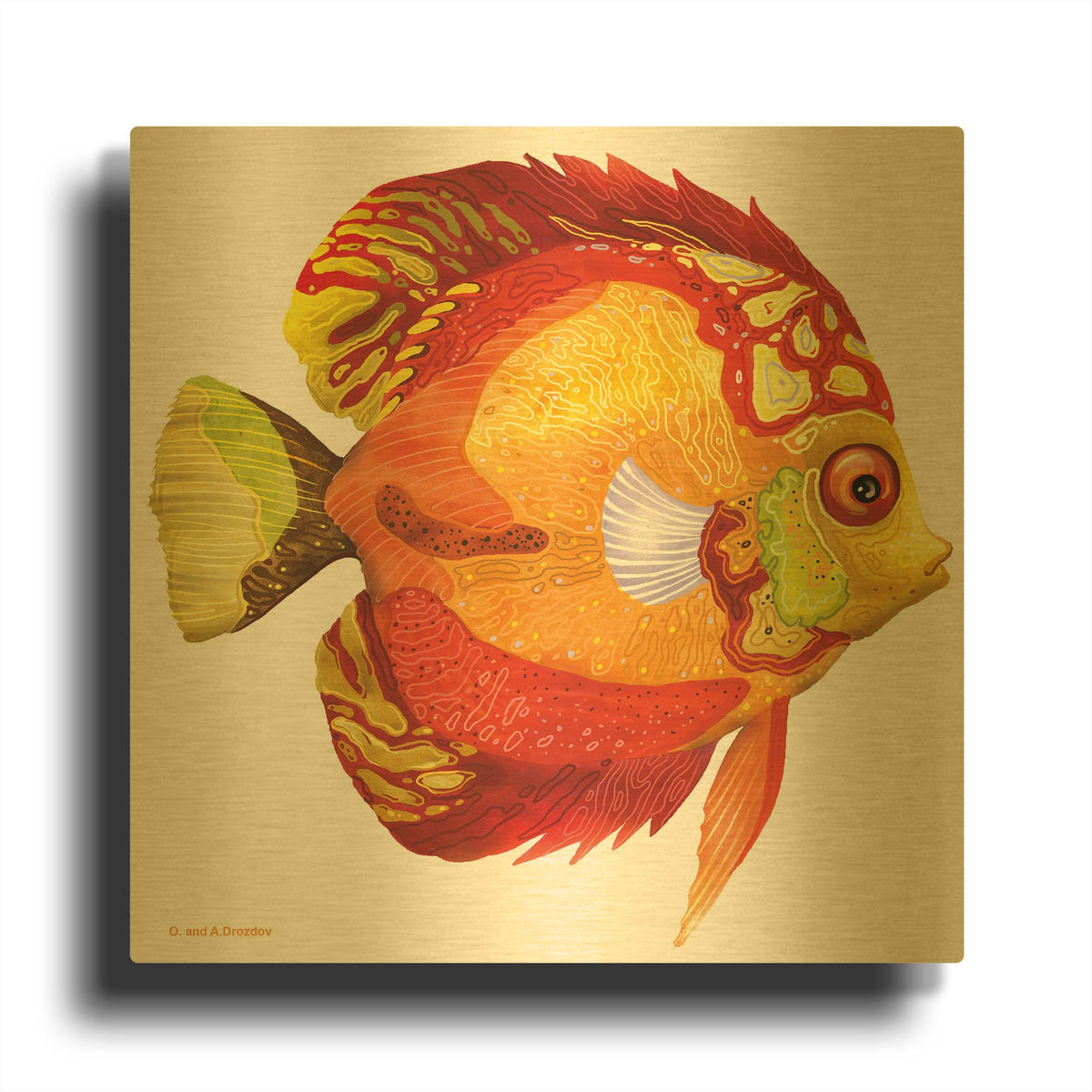 'Fish 3 Red Yellow' By Olga and Alexey Drozdov Gold Metal Wall Art