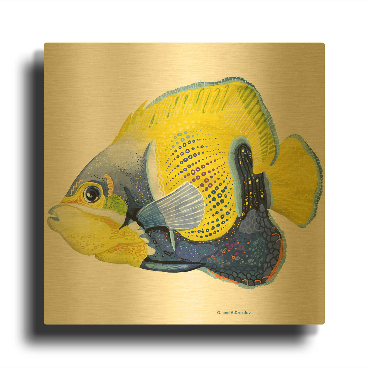 'Fish 3 Blue Yellow' By Olga and Alexey Drozdov Gold Metal Wall Art