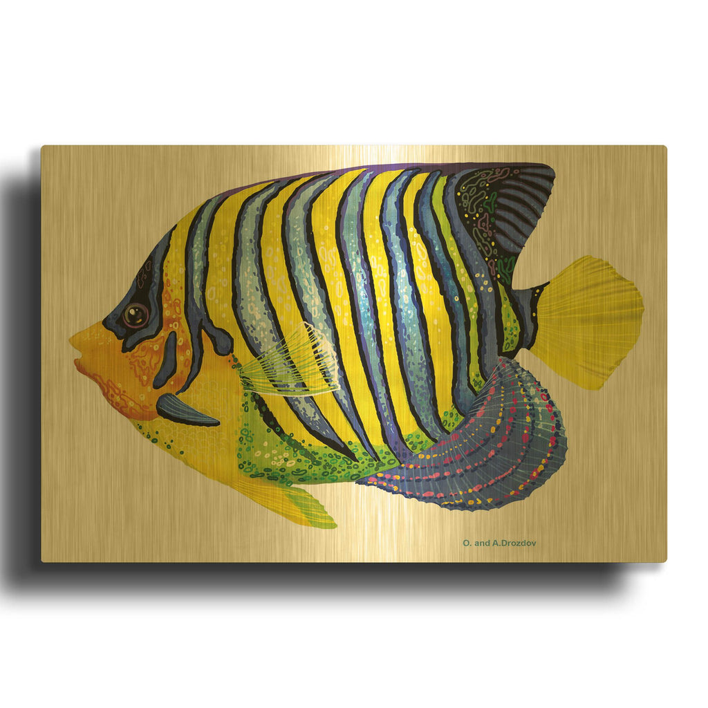 'Fish 2 Blue Yellow' By Olga and Alexey Drozdov Gold Metal Wall Art