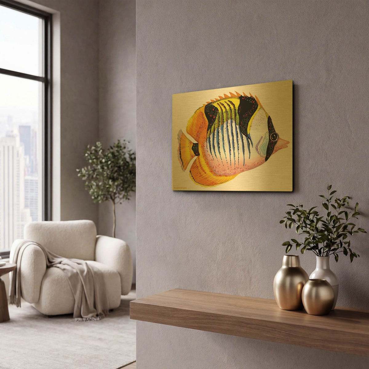 'Fish 1 Red Yellow' By Olga and Alexey Drozdov Gold Metal Wall Art