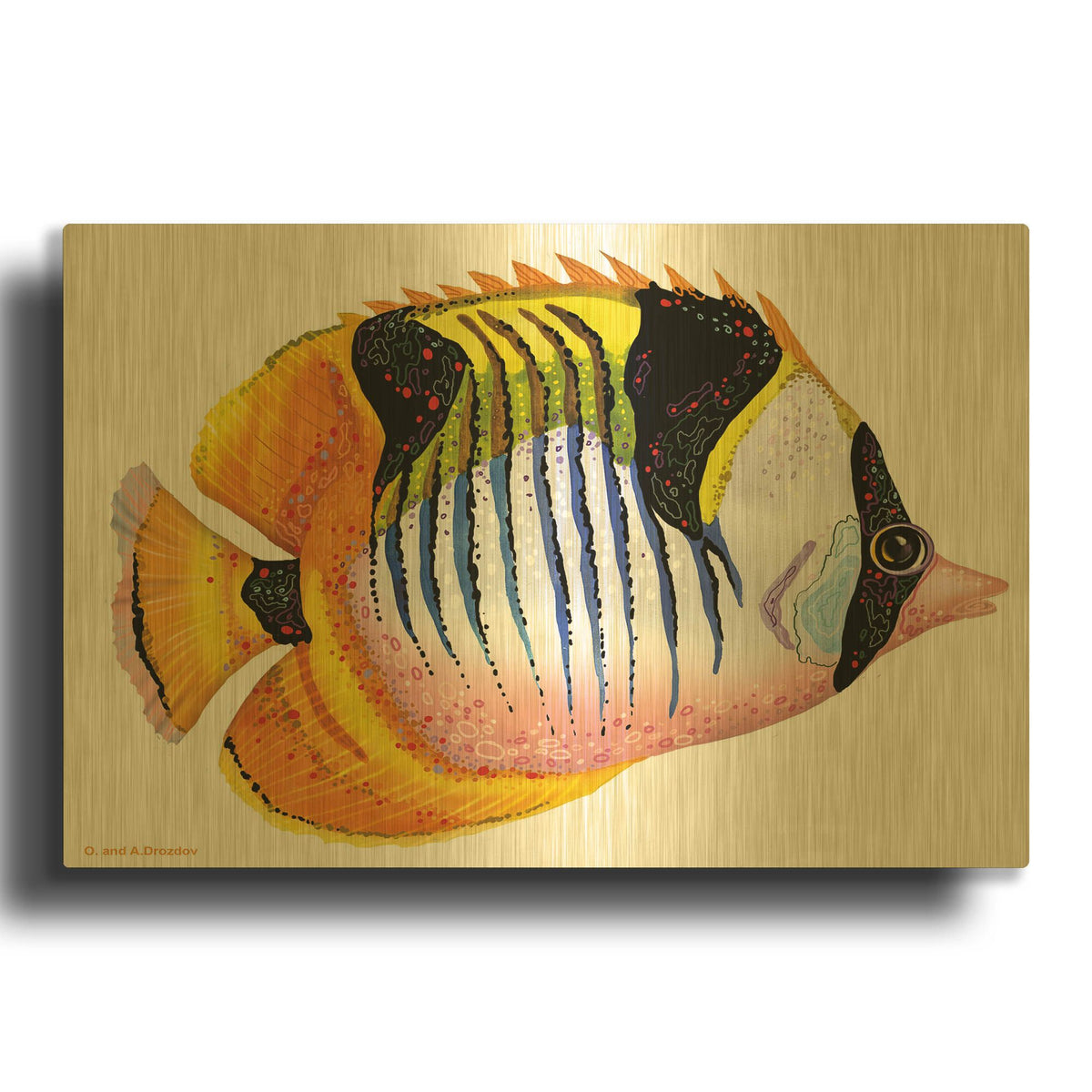 'Fish 1 Red Yellow' By Olga and Alexey Drozdov Gold Metal Wall Art