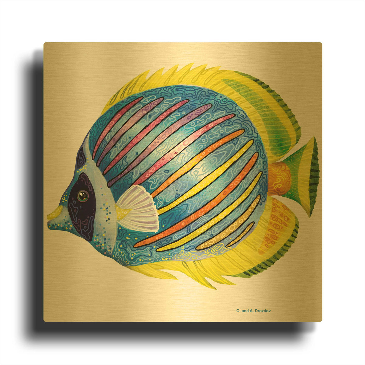 'Fish 1 Blue Yellow' By Olga and Alexey Drozdov Gold Metal Wall Art